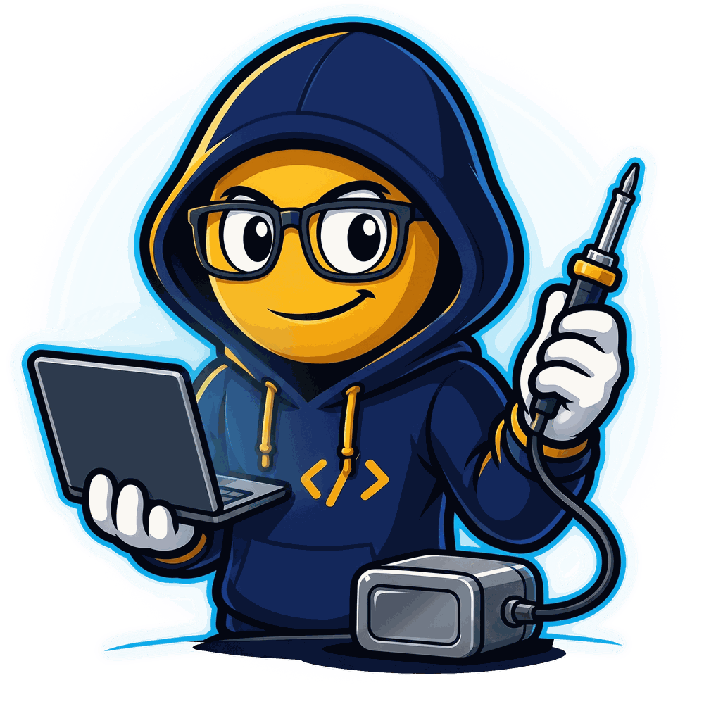 The Lord Skippy mascot: a hooded maker in glasses holding a laptop and a soldering iron